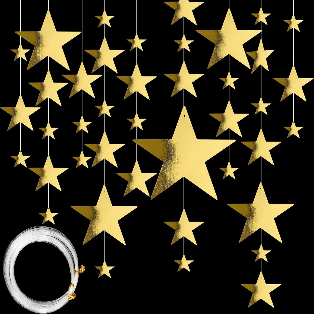 48-Pack Gold Star Cutouts – Cardboard Glitter Foil Metallic Stars (6–30 cm) with 50 m Nylon Hanging Line for Party, Event, and Holiday Decorations